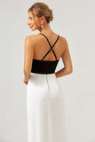 Black and White Sheath Spaghetti Straps Long Formal Dress With Front Split