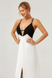 Black and White Sheath Spaghetti Straps Long Formal Dress With Front Split