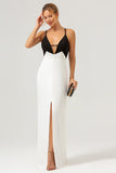 Black and White Sheath Spaghetti Straps Long Formal Dress With Front Split