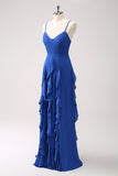 Dark Blue A Line Spaghetti Straps Long Bridesmaid Dress with Ruffles