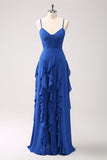 Dark Blue A Line Spaghetti Straps Long Bridesmaid Dress with Ruffles