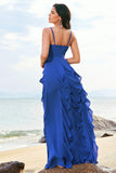 Dark Blue A-Line Spaghetti Straps Floor Length Bridesmaid Dress with Ruffles