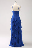 Dark Blue A Line Spaghetti Straps Long Bridesmaid Dress with Ruffles