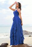 Dark Blue A-Line Spaghetti Straps Floor Length Bridesmaid Dress with Ruffles