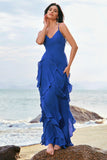 Dark Blue A-Line Spaghetti Straps Floor Length Bridesmaid Dress with Ruffles