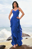 Dark Blue A-Line Spaghetti Straps Floor Length Bridesmaid Dress with Ruffles