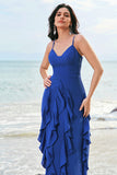 Dark Blue A-Line Spaghetti Straps Floor Length Bridesmaid Dress with Ruffles