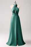 Dark Green Mermaid Halter Pleated Floral Satin Backless Long Prom Dress with Slit