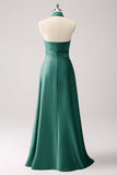 Dark Green Mermaid Halter Pleated Floral Satin Backless Long Prom Dress with Slit