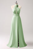 Dark Green Mermaid Halter Pleated Floral Satin Backless Long Prom Dress with Slit