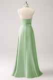 Dark Green Mermaid Halter Pleated Floral Satin Backless Long Prom Dress with Slit