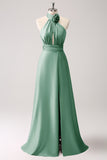 Dark Green Mermaid Halter Pleated Floral Satin Backless Long Prom Dress with Slit