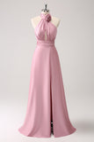 Pink Mermaid Halter Pleated Floral Satin Backless Long Prom Dress with Slit