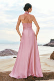 Pink A-Line Halter Pleated Satin Backless Long Bridesmaid Dress with Slit