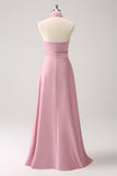 Pink Mermaid Halter Pleated Floral Satin Backless Long Prom Dress with Slit