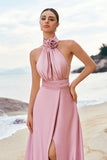 Pink A-Line Halter Pleated Satin Backless Long Bridesmaid Dress with Slit