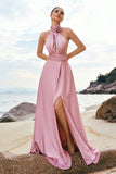 Pink A-Line Halter Pleated Satin Backless Long Bridesmaid Dress with Slit