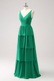 Green A Line V Neck Tiered Ruched Long Bridesmaid Dress