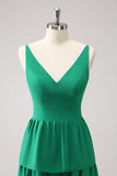 Green A Line V Neck Tiered Ruched Long Bridesmaid Dress