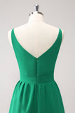 Green A Line V Neck Tiered Ruched Long Bridesmaid Dress