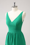 Green A Line V Neck Tiered Ruched Long Bridesmaid Dress