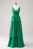 Green A Line V Neck Tiered Ruched Long Bridesmaid Dress