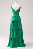 Green A Line V Neck Tiered Ruched Long Bridesmaid Dress