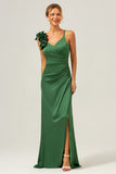 Sheath Spaghetti Straps Pleated Satin Olive Green Long Bridesmaid Dress with Slit