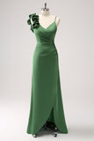 Olive Green Sheath Spaghetti Straps Pleated Satin Long Bridesmaid Dress with Slit