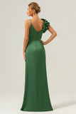 Sheath Spaghetti Straps Pleated Satin Olive Green Long Bridesmaid Dress with Slit