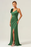 Sheath Spaghetti Straps Pleated Satin Olive Green Long Bridesmaid Dress with Slit