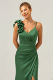 Sheath Spaghetti Straps Pleated Satin Olive Green Long Bridesmaid Dress with Slit