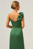 Sheath Spaghetti Straps Pleated Satin Olive Green Long Bridesmaid Dress with Slit