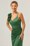 Sheath Spaghetti Straps Pleated Satin Olive Green Long Bridesmaid Dress with Slit