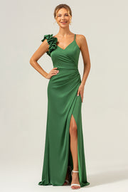 Sheath Spaghetti Straps Pleated Satin Olive Green Long Bridesmaid Dress with Slit