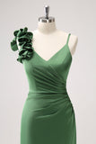 Olive Green Sheath Spaghetti Straps Pleated Satin Long Bridesmaid Dress with Slit