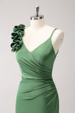 Olive Green Sheath Spaghetti Straps Pleated Satin Long Bridesmaid Dress with Slit