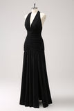 Black Mermaid Halter Pleated Backless Long Bridesmaid Dress with Slit