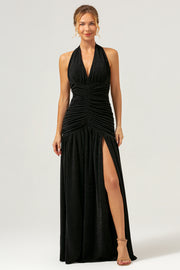 Black A Line Halter Pleated Long Backless Prom Dress with Slit