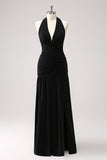 Black Mermaid Halter Pleated Backless Long Bridesmaid Dress with Slit