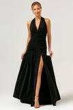 Black A Line Halter Pleated Long Backless Prom Dress with Slit