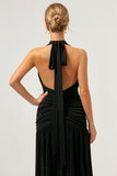 Black A Line Halter Pleated Long Backless Prom Dress with Slit