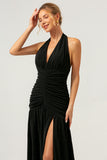 Black A Line Halter Pleated Long Backless Prom Dress with Slit