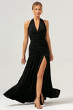 Black A Line Halter Pleated Long Backless Prom Dress with Slit