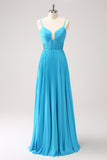 Peacock Blue A Line Spaghetti Straps Pleated Long Bridesmaid Dress