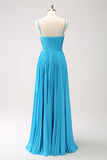 Peacock Blue A Line Spaghetti Straps Pleated Long Bridesmaid Dress