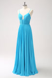 Peacock Blue A Line Spaghetti Straps Pleated Long Bridesmaid Dress