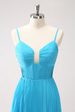 Peacock Blue A Line Spaghetti Straps Pleated Long Bridesmaid Dress