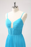 Peacock Blue A Line Spaghetti Straps Pleated Long Bridesmaid Dress