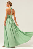 Light Green A Line Halter Backless Ruched Long Bridesmaid Dress with Lace Up Back